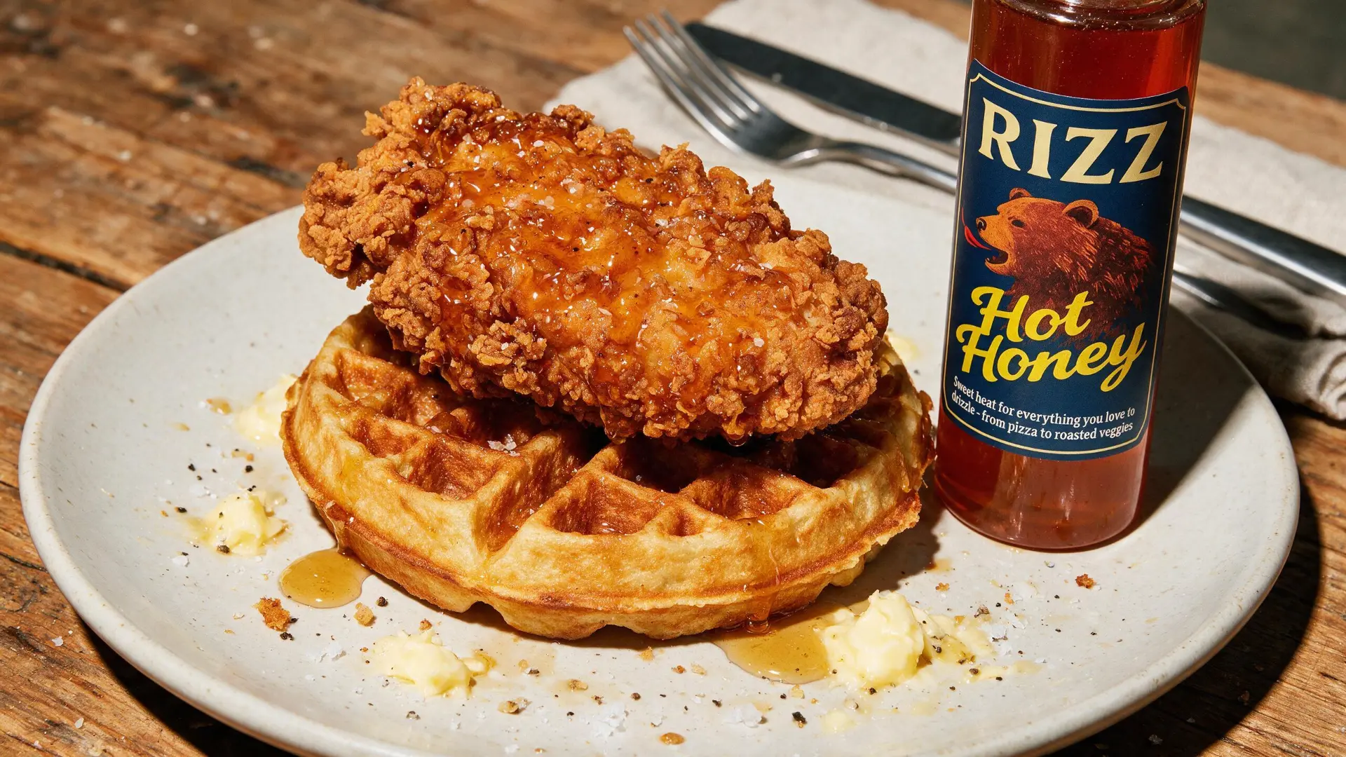 Chicken and waffles drizzled with RIZZ Hot Honey